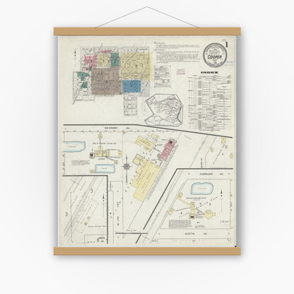 Old map wall art mockup — magnetic wood frame on white wall — Sanborn Fire Insurance Map from Cooper, Delta County, Texas (1914), Sheet #0001