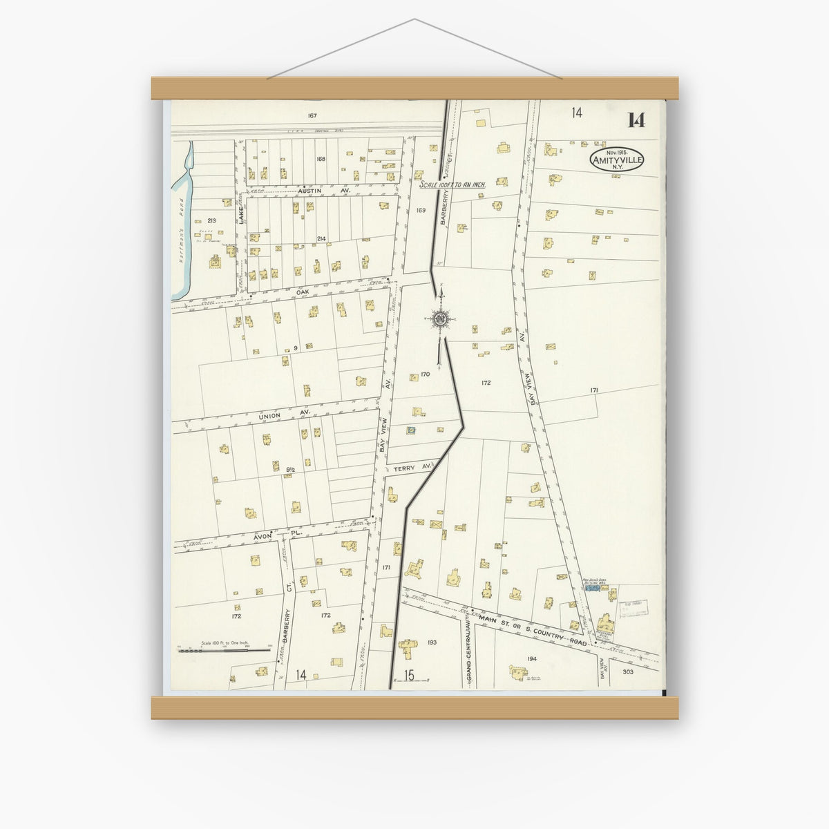Old map wall art mockup — magnetic wood frame on white wall — Sanborn Fire Insurance Map from Amityville, Suffolk County, New York (1915), Sheet #0014