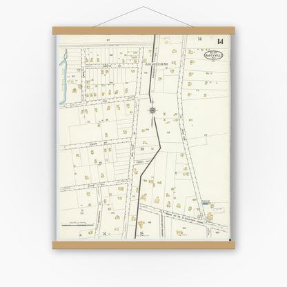 Old map wall art mockup — magnetic wood frame on white wall — Sanborn Fire Insurance Map from Amityville, Suffolk County, New York (1915), Sheet #0014