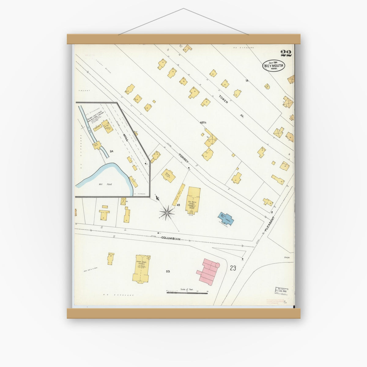 Old map wall art mockup — magnetic wood frame on white wall — Sanborn Fire Insurance Map from Weymouth, Norfolk County, Massachusetts (1904), Sheet #0022