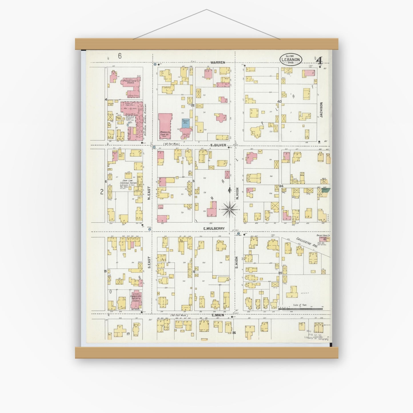 Old map wall art mockup — magnetic wood frame on white wall — Sanborn Fire Insurance Map from Lebanon, Warren County, Ohio (1901), Sheet #0004