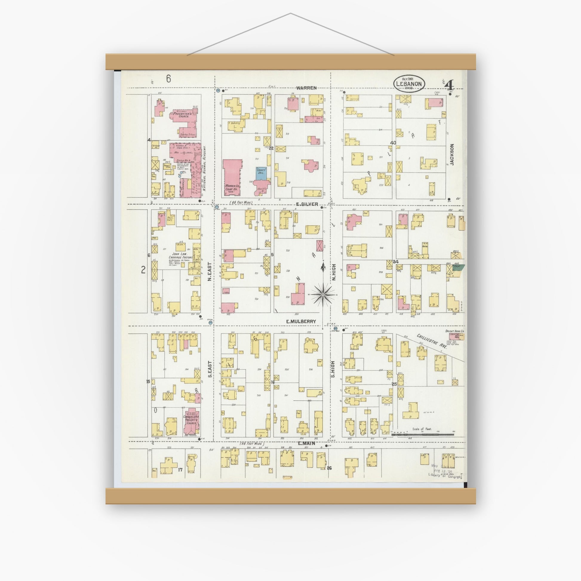 Old map wall art mockup — magnetic wood frame on white wall — Sanborn Fire Insurance Map from Lebanon, Warren County, Ohio (1901), Sheet #0004