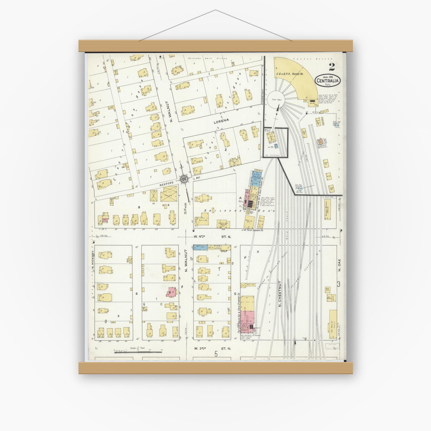 Old map wall art mockup — magnetic wood frame on white wall — Sanborn Fire Insurance Map from Centralia, Marion, Clinton, Jefferson, and Washington Counties, Illinois (1916), Sheet #0002