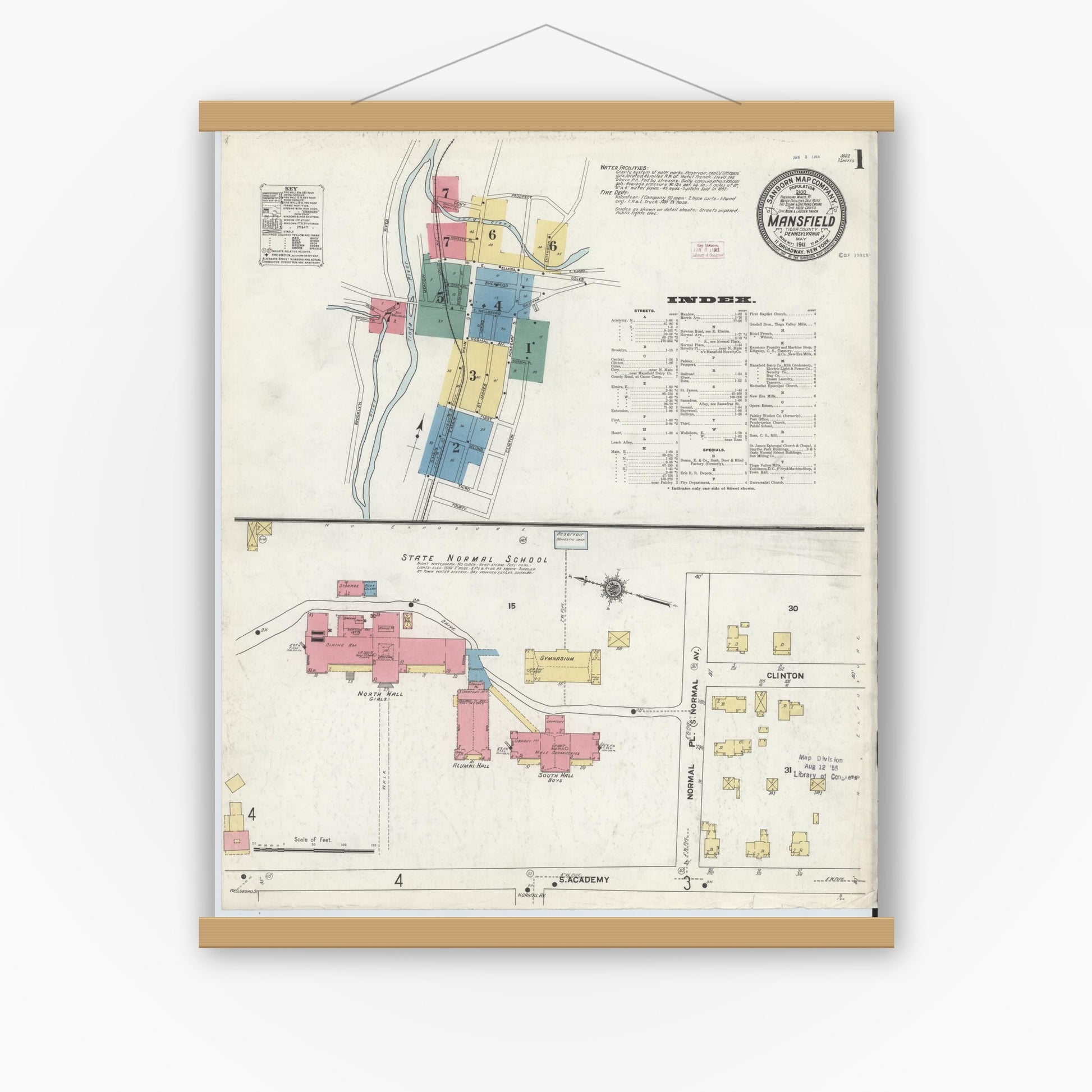 Old map wall art mockup — magnetic wood frame on white wall — Sanborn Fire Insurance Map from Mansfield, Tioga County, Pennsylvania (1911), Sheet #0001