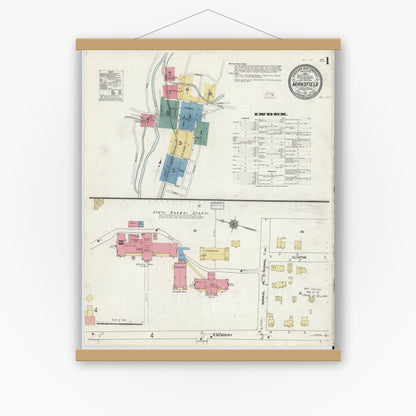 Old map wall art mockup — magnetic wood frame on white wall — Sanborn Fire Insurance Map from Mansfield, Tioga County, Pennsylvania (1911), Sheet #0001