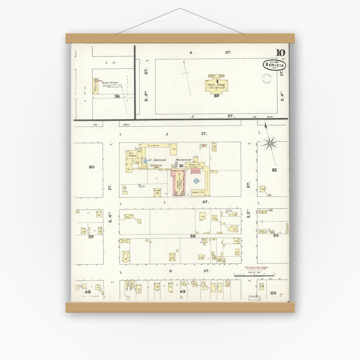 Old map wall art mockup — magnetic wood frame on white wall — Sanborn Fire Insurance Map from Benicia, Solano County, California (1891), Sheet #0010
