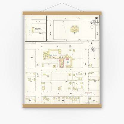 Old map wall art mockup — magnetic wood frame on white wall — Sanborn Fire Insurance Map from Benicia, Solano County, California (1891), Sheet #0010