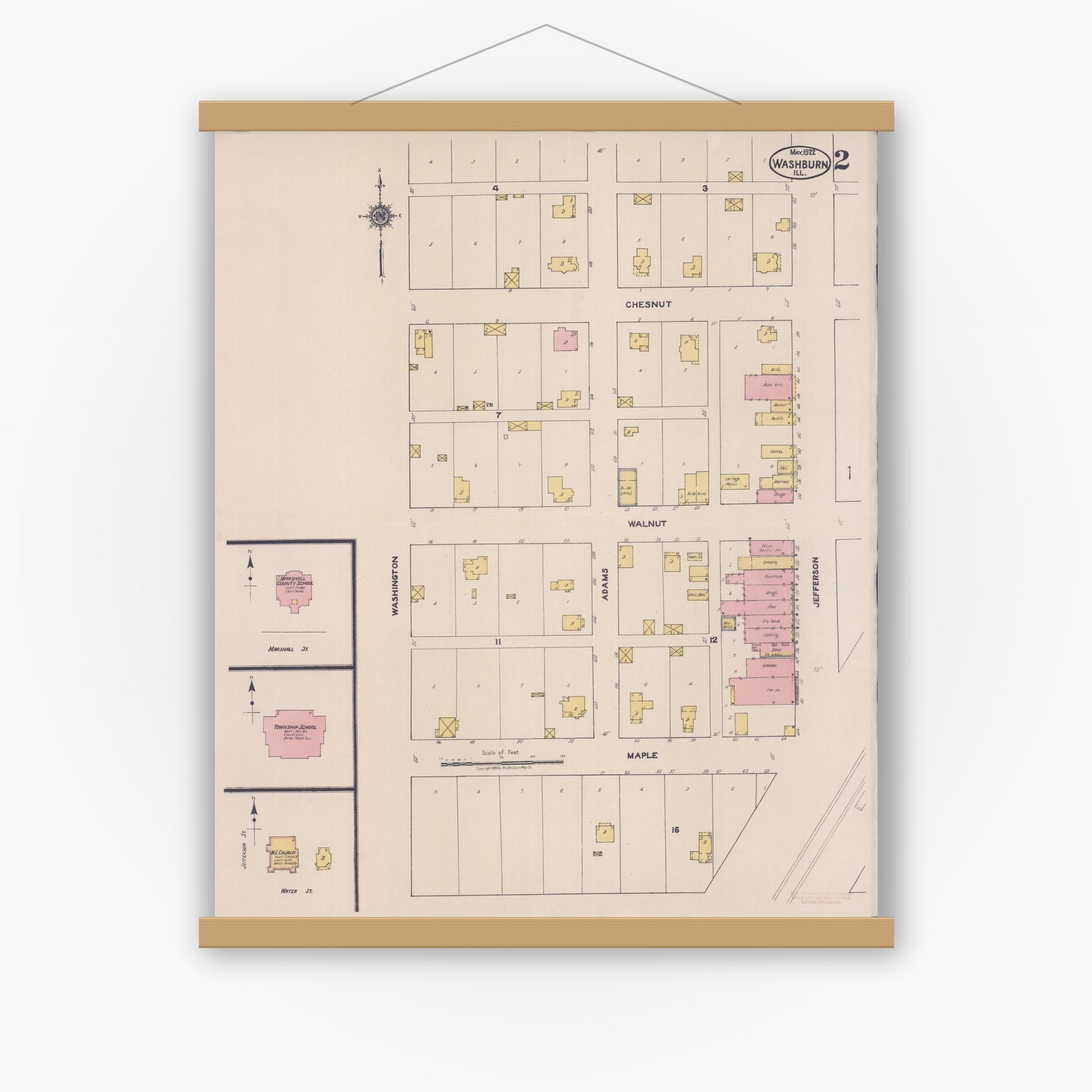 Old map wall art mockup — magnetic wood frame on white wall — Sanborn Fire Insurance Map from Washburn, Woodford County, Illinois (1922), Sheet #0002