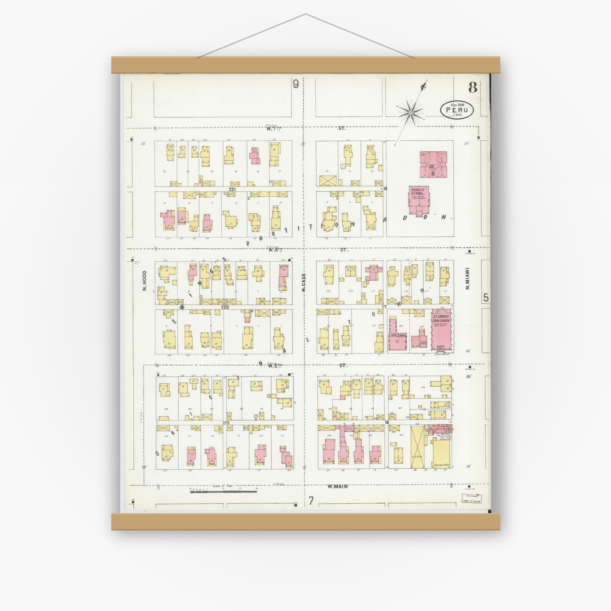 Old map wall art mockup — magnetic wood frame on white wall — Sanborn Fire Insurance Map from Peru, Miami County, Indiana (1899), Sheet #0008