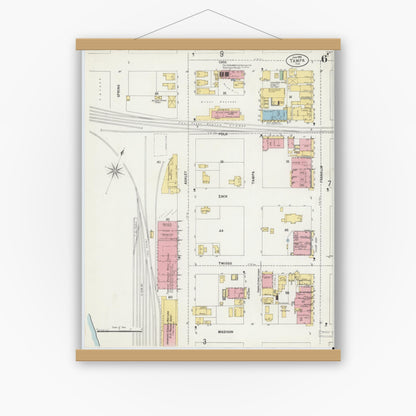 Old map wall art mockup — magnetic wood frame on white wall — Sanborn Fire Insurance Map from Tampa, Hillsborough County, Florida (1899), Sheet #0006
