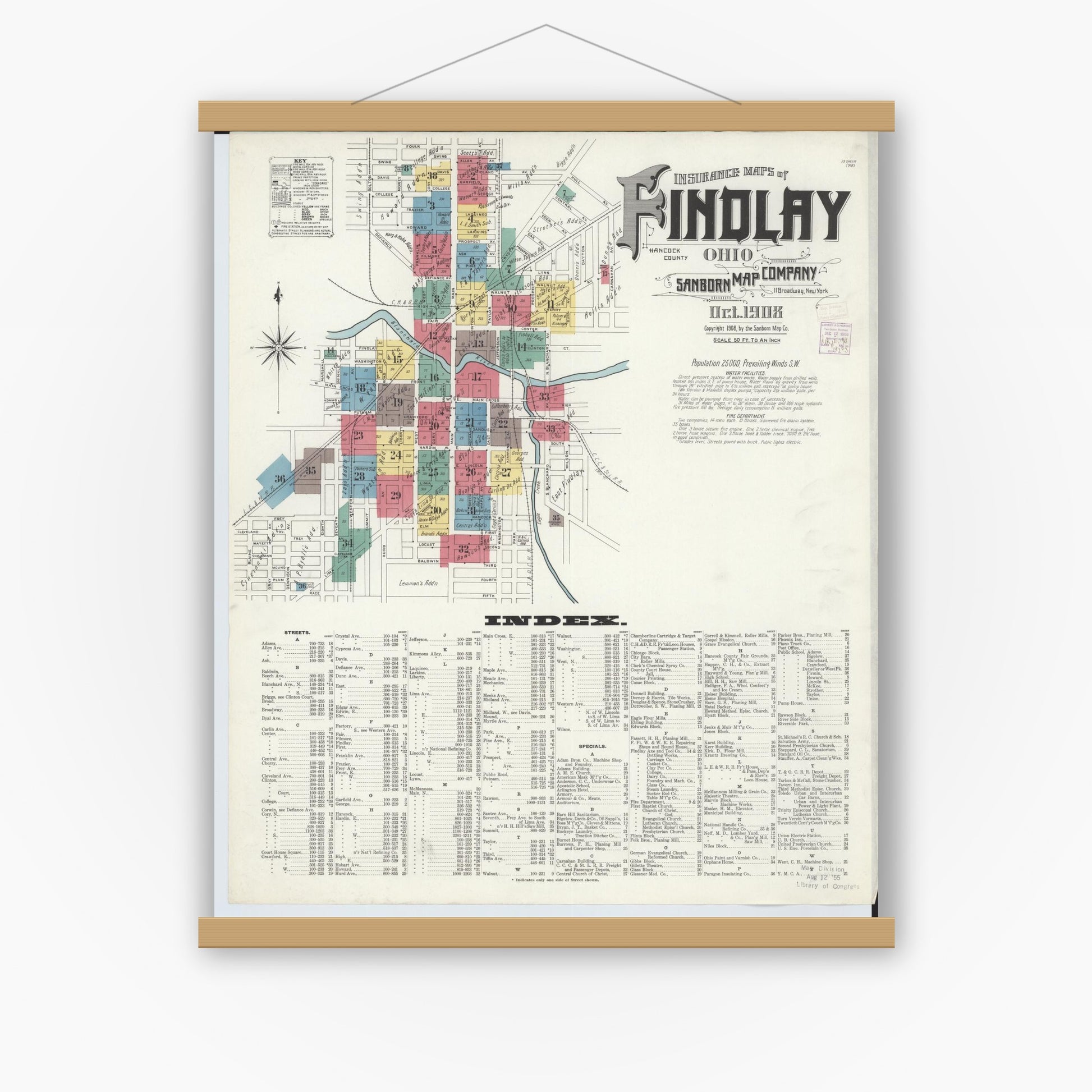 Old map wall art mockup — magnetic wood frame on white wall — Sanborn Fire Insurance Map from Findlay, Hancock County, Ohio (1908), Sheet #0001