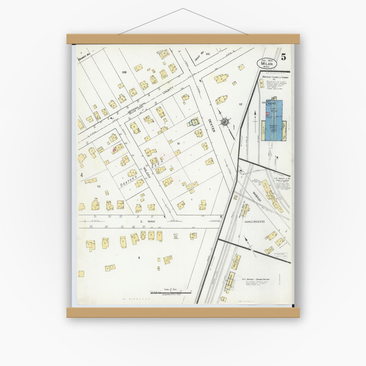Old map wall art mockup — magnetic wood frame on white wall — Sanborn Fire Insurance Map from Milan, Washtenaw And Monroe Counties, Michigan (1922), Sheet #0005