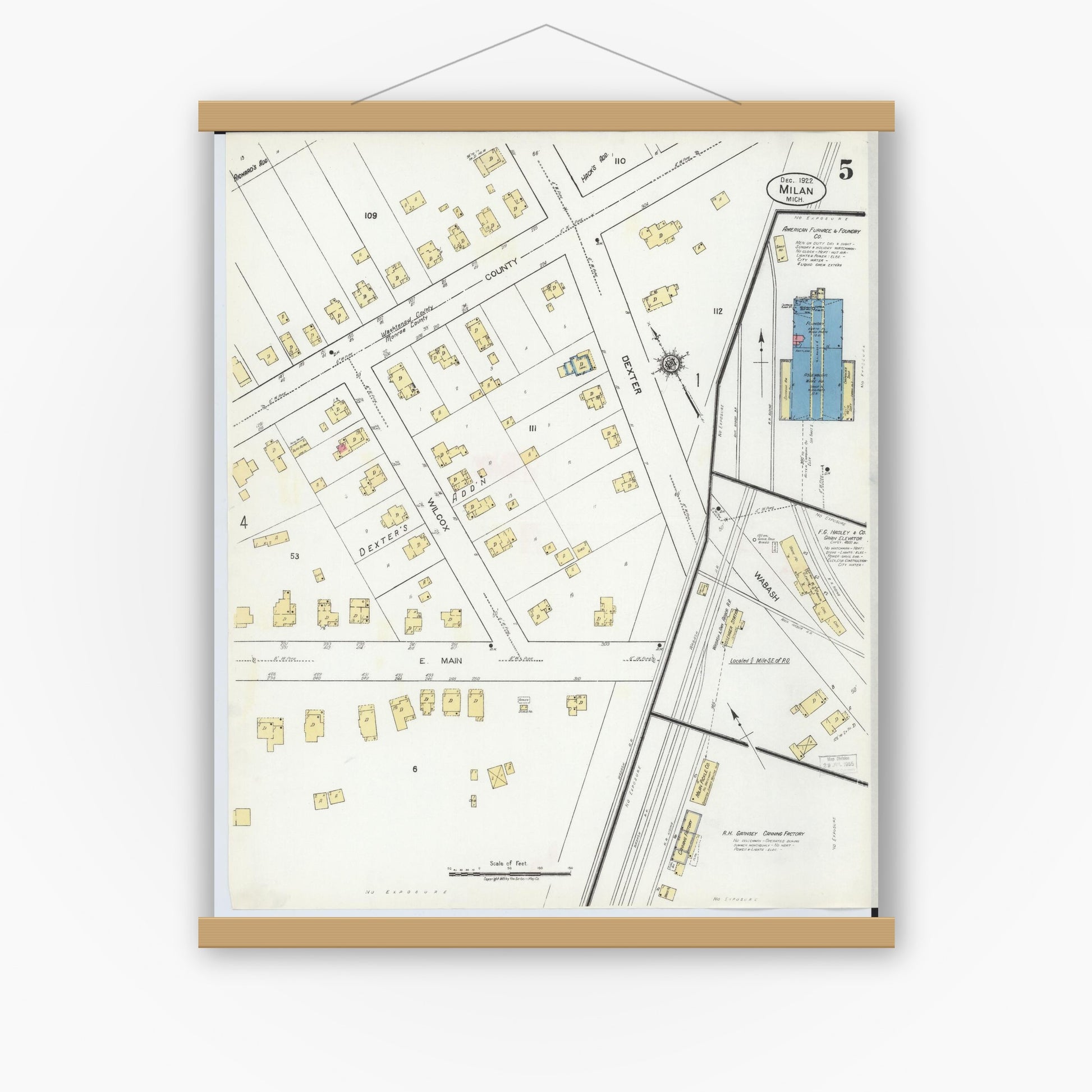 Old map wall art mockup — magnetic wood frame on white wall — Sanborn Fire Insurance Map from Milan, Washtenaw And Monroe Counties, Michigan (1922), Sheet #0005