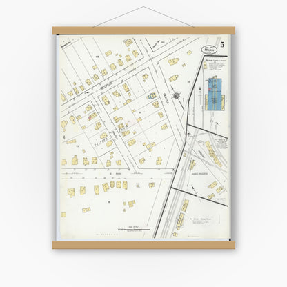 Old map wall art mockup — magnetic wood frame on white wall — Sanborn Fire Insurance Map from Milan, Washtenaw And Monroe Counties, Michigan (1922), Sheet #0005