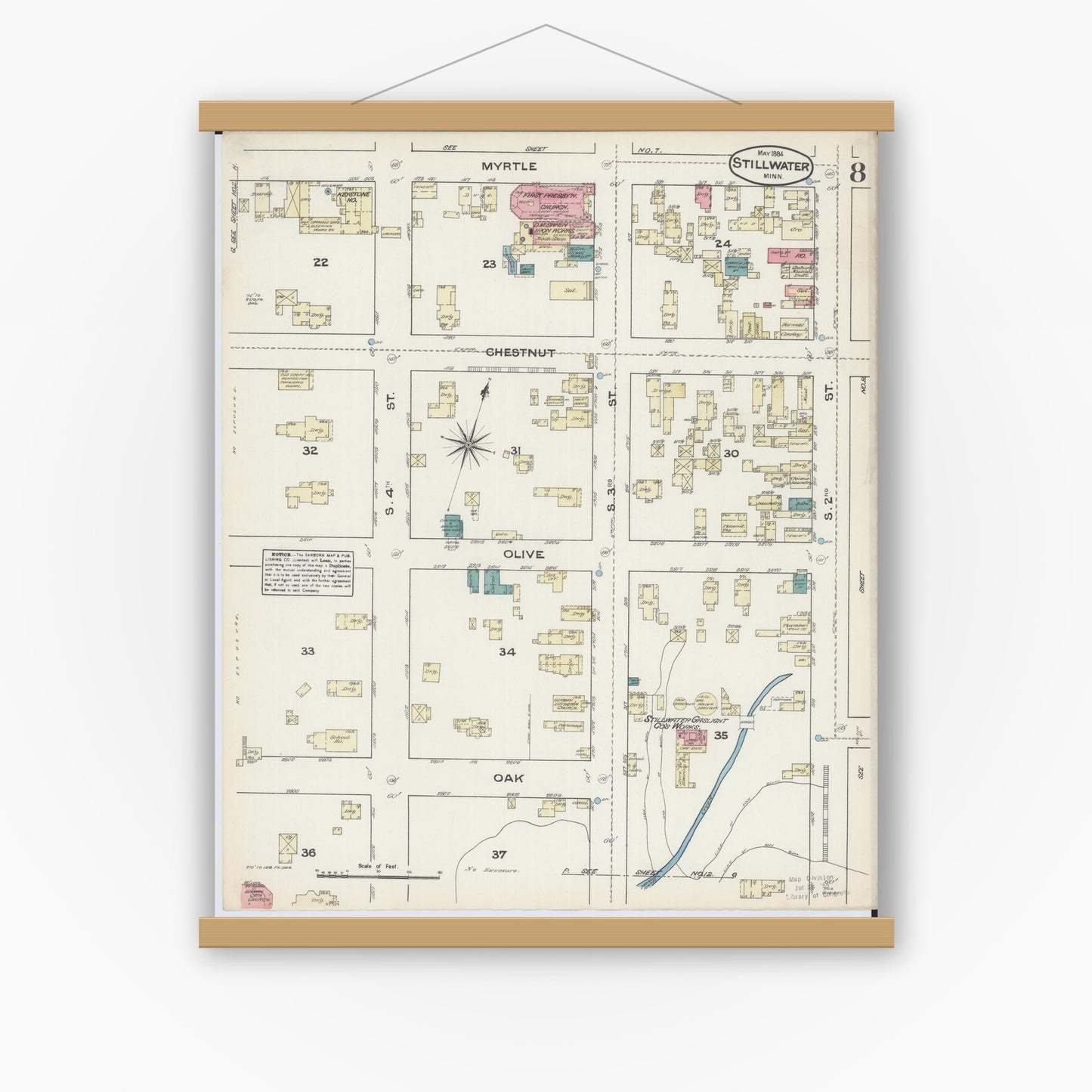 Old map wall art mockup — magnetic wood frame on white wall — Sanborn Fire Insurance Map from Stillwater, Washington County, Minnesota (1884), Sheet #0008