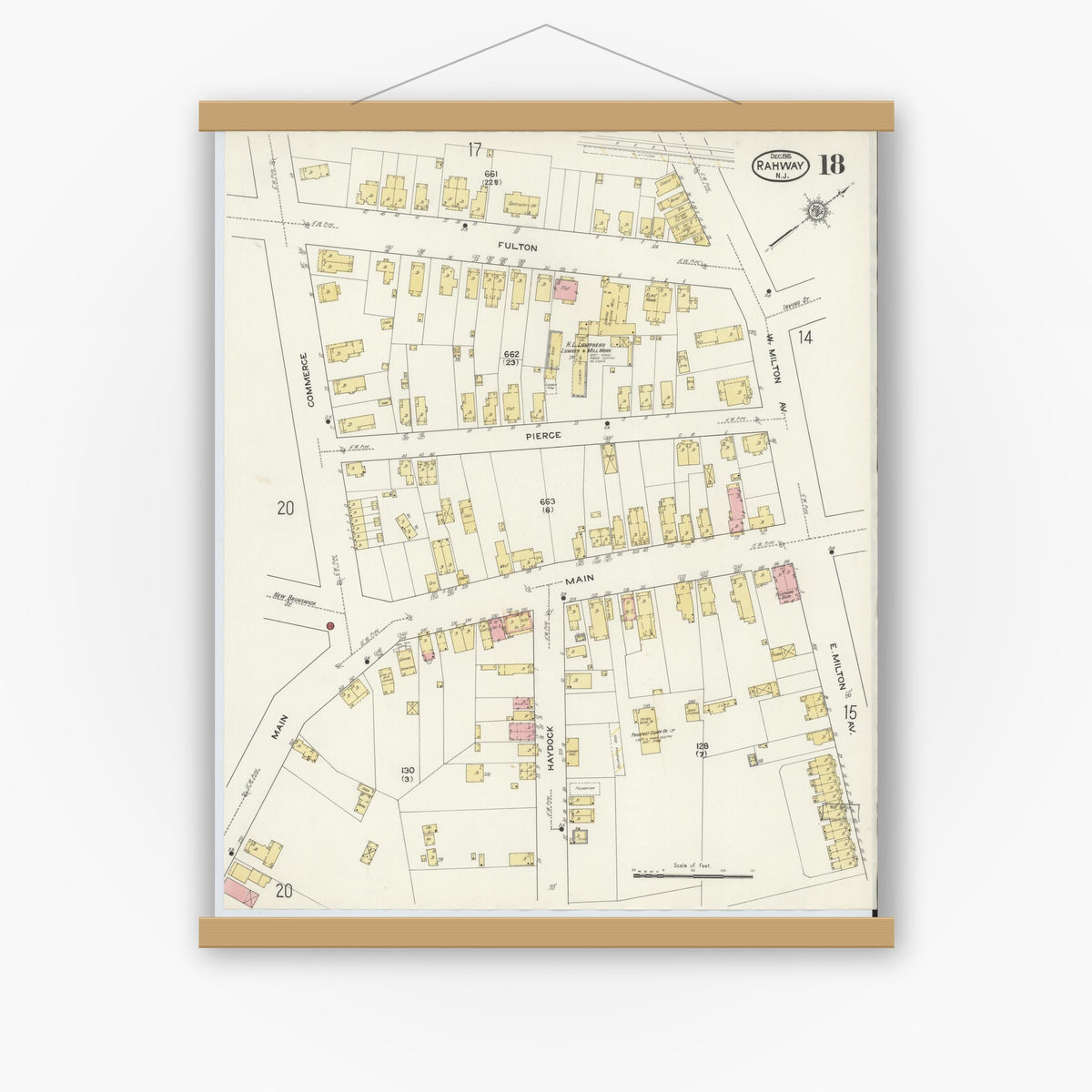 Old map wall art mockup — magnetic wood frame on white wall — Sanborn Fire Insurance Map from Rahway, Union County, New Jersey (1915), Sheet #0018