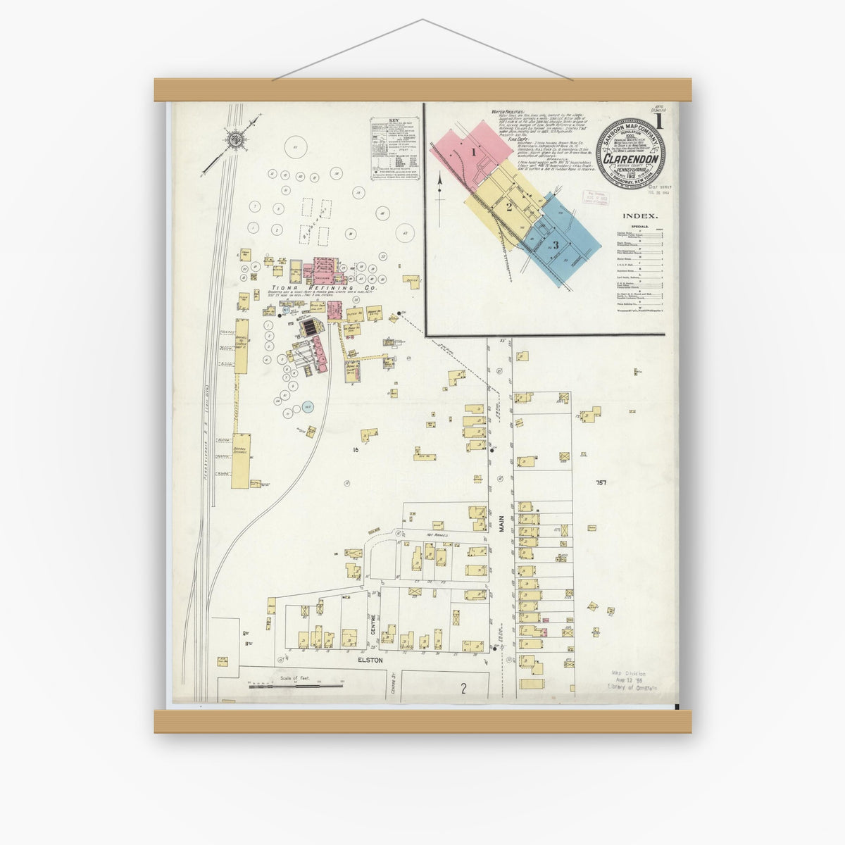 Old map wall art mockup — magnetic wood frame on white wall — Sanborn Fire Insurance Map from Clarendon, Warren County, Pennsylvania (1912) - Complete Map Set