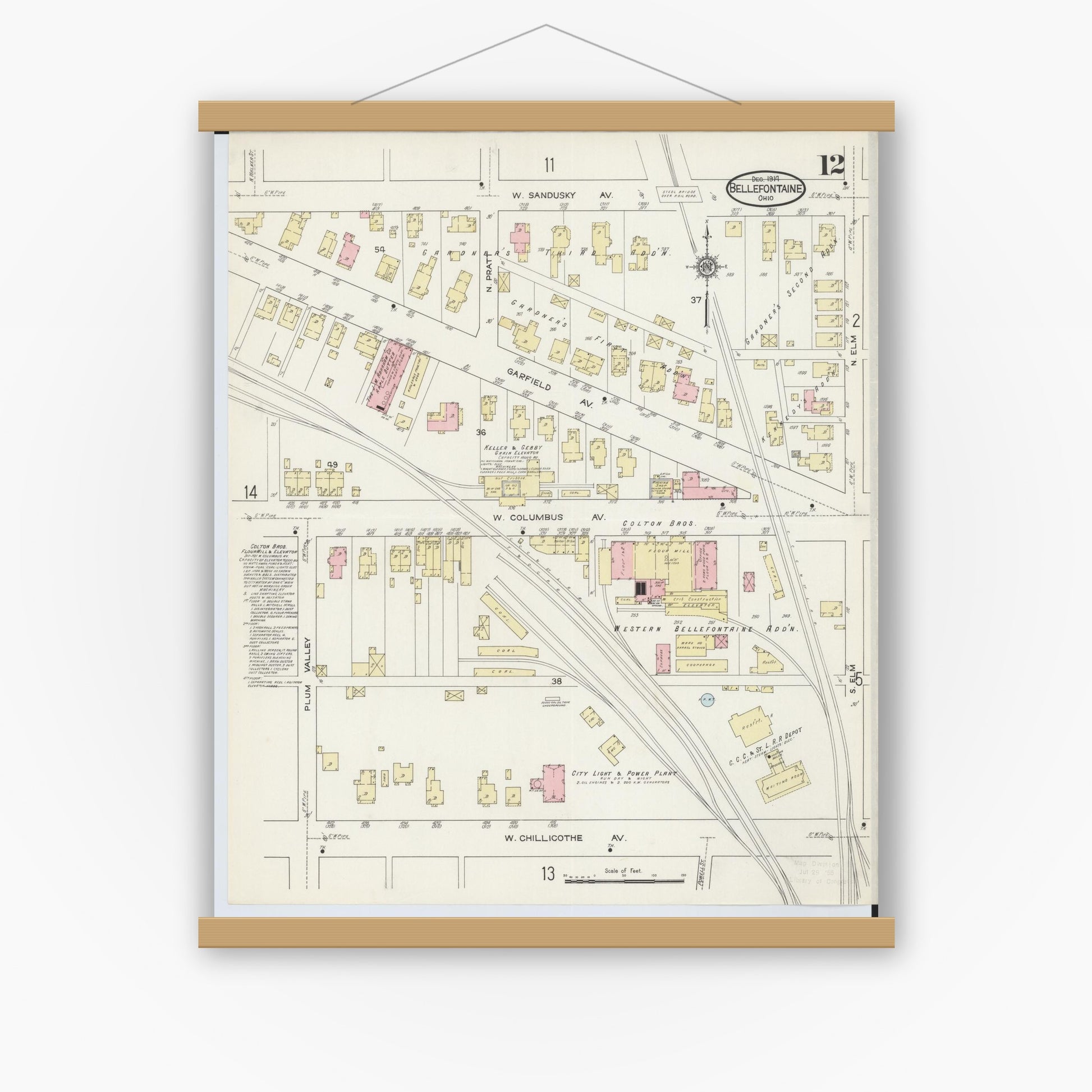 Old map wall art mockup — magnetic wood frame on white wall — Sanborn Fire Insurance Map from Bellefontaine, Logan County, Ohio (1914), Sheet #0012
