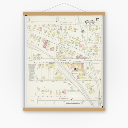 Old map wall art mockup — magnetic wood frame on white wall — Sanborn Fire Insurance Map from Bellefontaine, Logan County, Ohio (1914), Sheet #0012