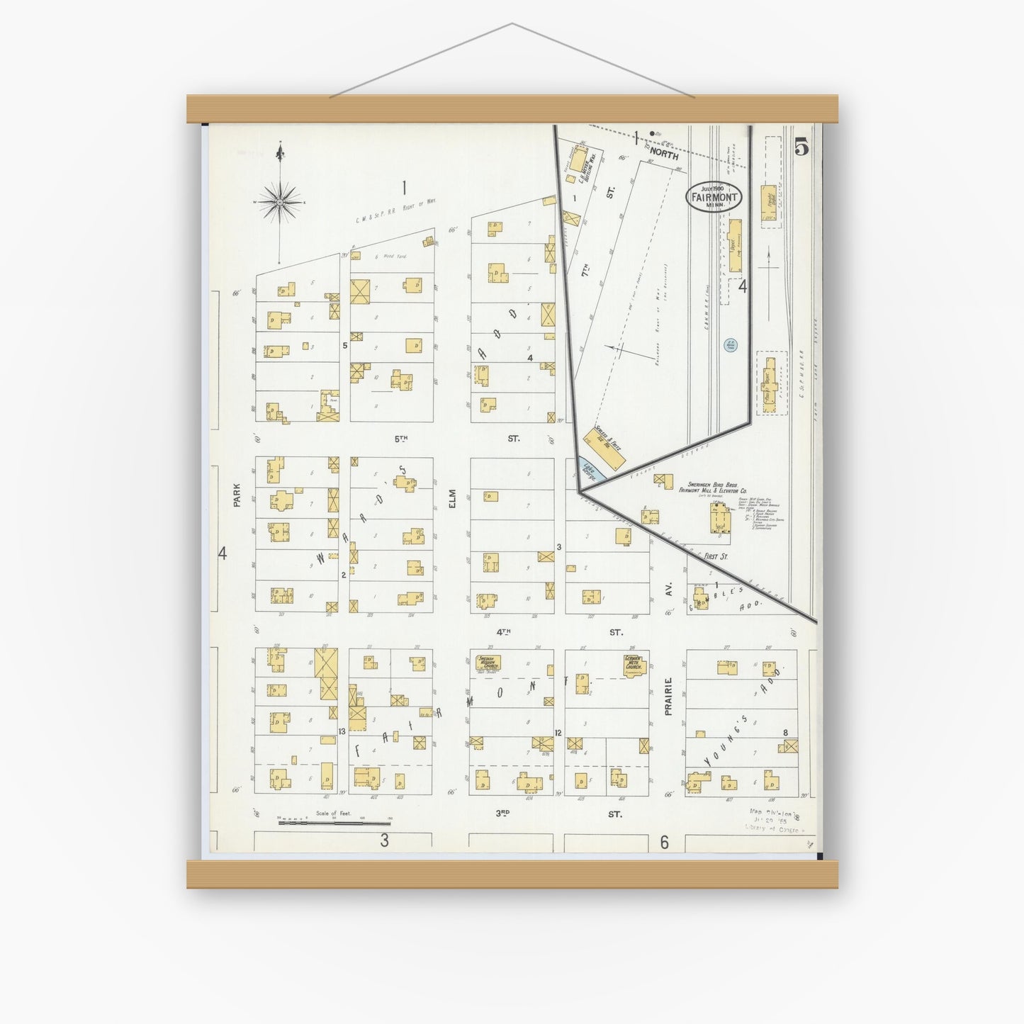 Old map wall art mockup — magnetic wood frame on white wall — Sanborn Fire Insurance Map from Fairmont, Martin County, Minnesota (1900), Sheet #0005