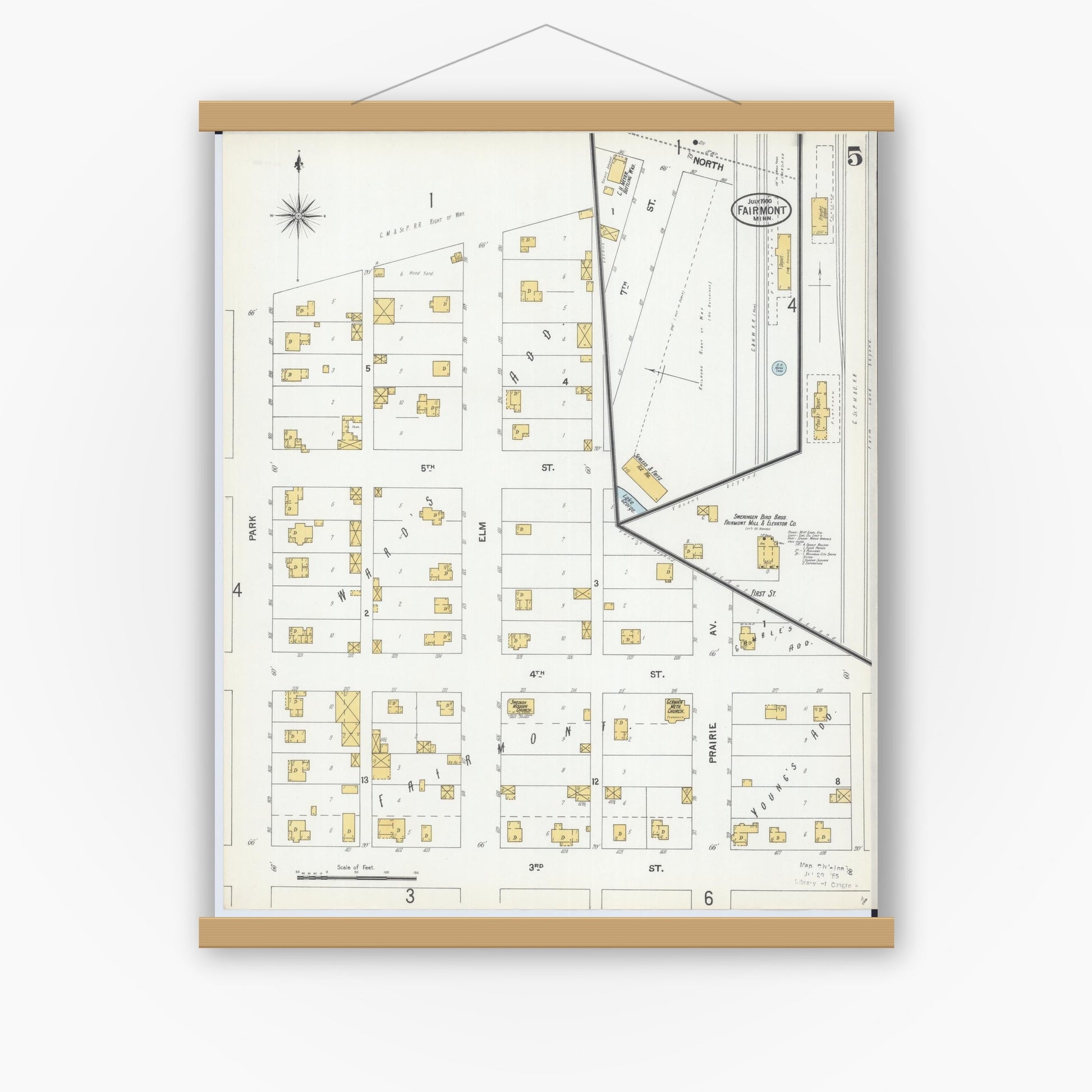 Old map wall art mockup — magnetic wood frame on white wall — Sanborn Fire Insurance Map from Fairmont, Martin County, Minnesota (1900), Sheet #0005