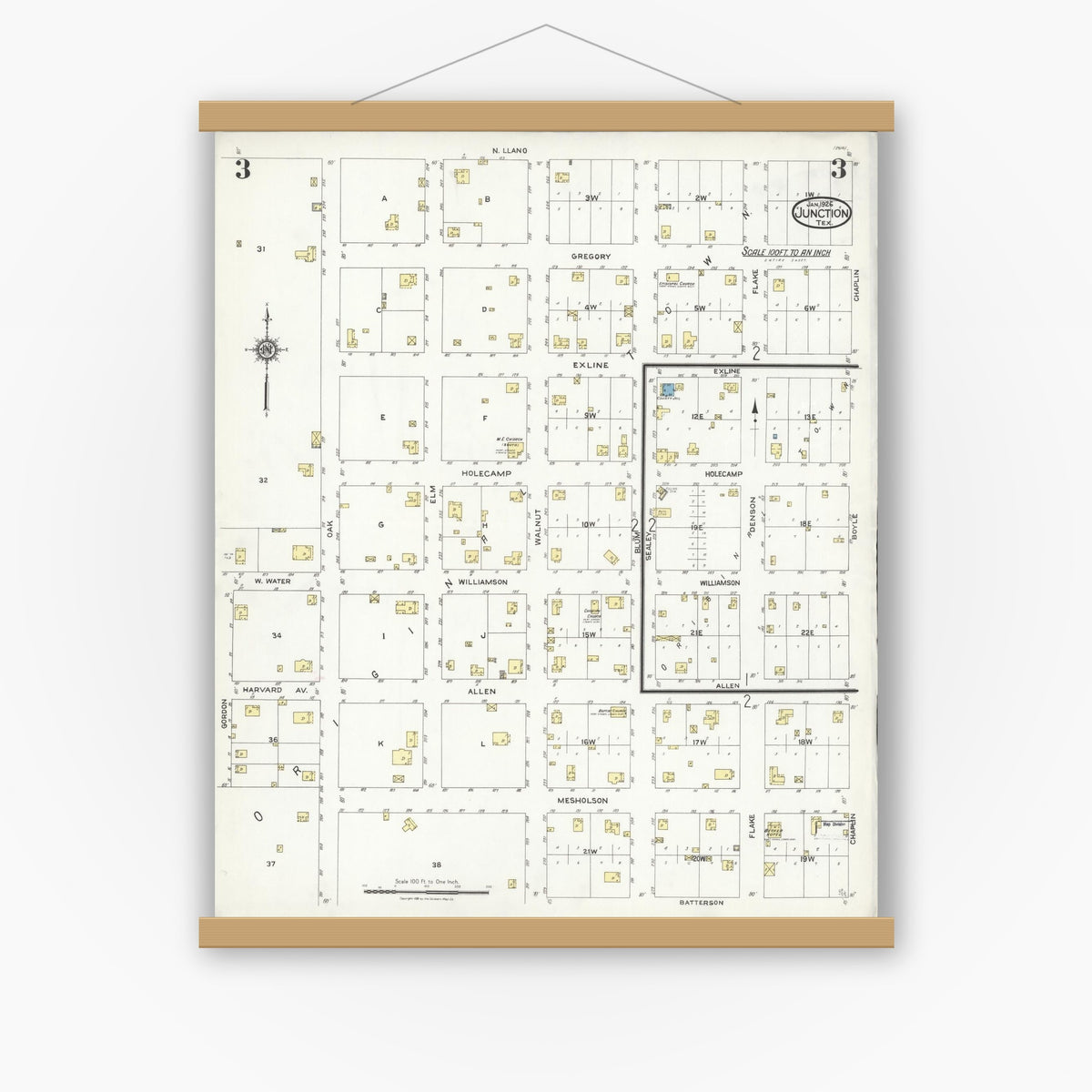 Old map wall art mockup — magnetic wood frame on white wall — Sanborn Fire Insurance Map from Junction, Kimble County, Texas (1926), Sheet #0003