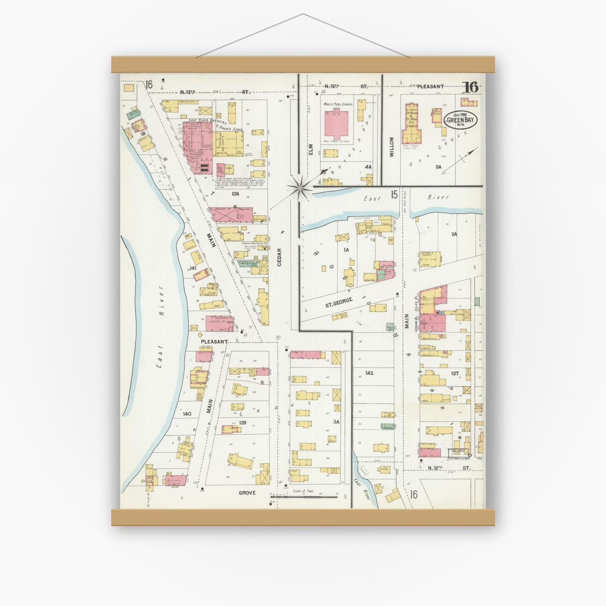 Old map wall art mockup — magnetic wood frame on white wall — Sanborn Fire Insurance Map from Green Bay, Brown County, Wisconsin (1900), Sheet #0016