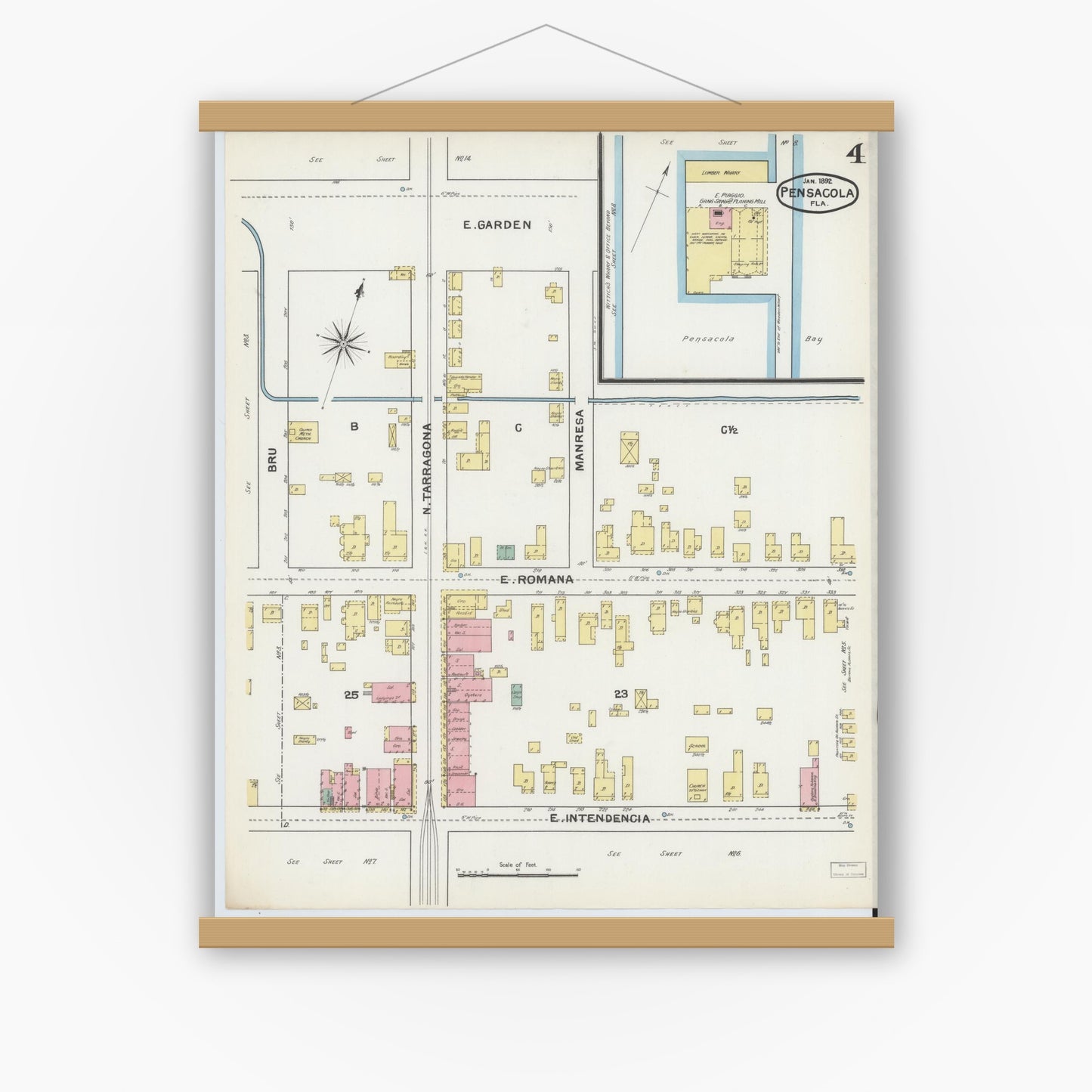 Old map wall art mockup — magnetic wood frame on white wall — Sanborn Fire Insurance Map from Pensacola, Escambia County, Florida (1892), Sheet #0004