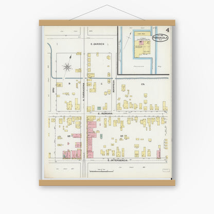Old map wall art mockup — magnetic wood frame on white wall — Sanborn Fire Insurance Map from Pensacola, Escambia County, Florida (1892), Sheet #0004