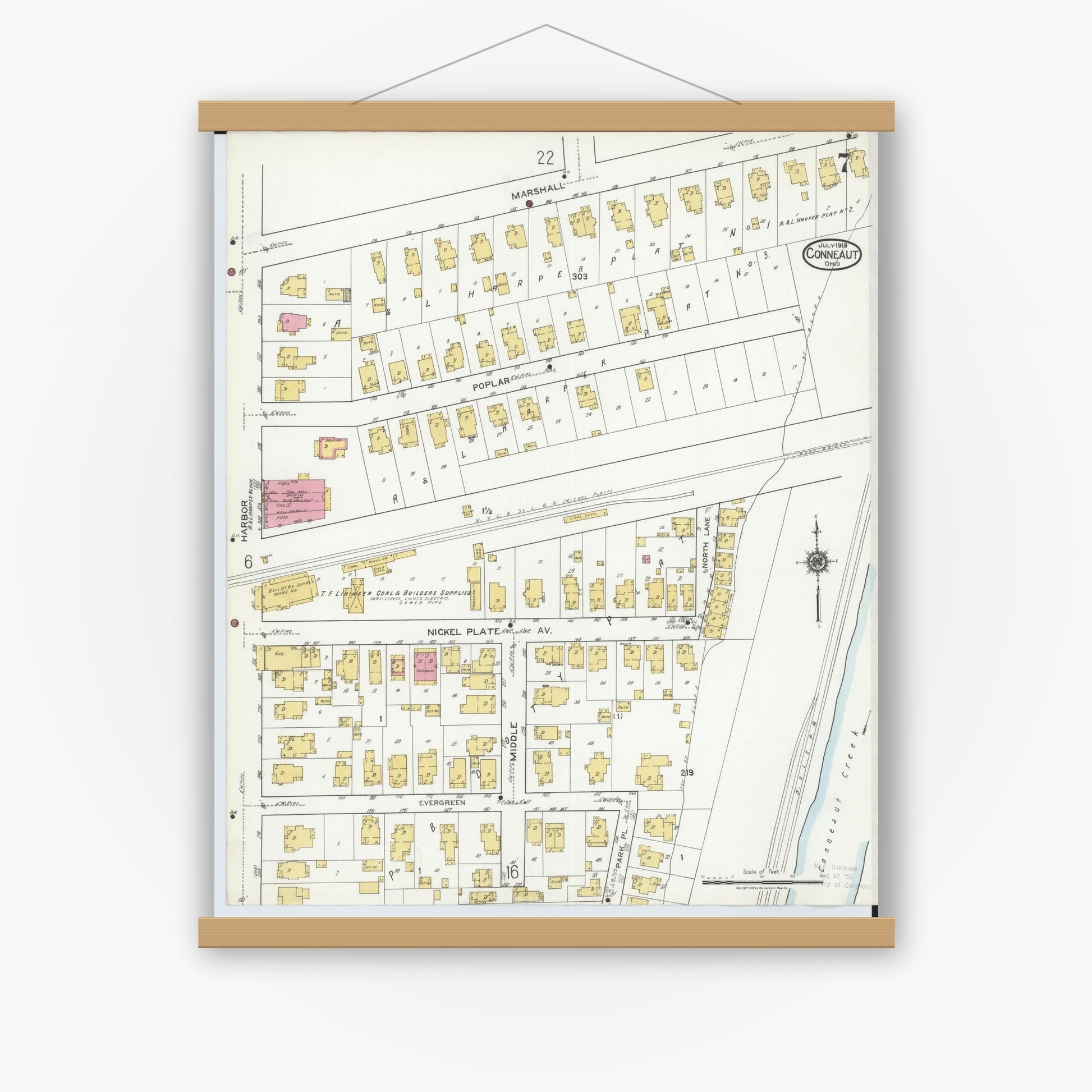 Old map wall art mockup — magnetic wood frame on white wall — Sanborn Fire Insurance Map from Conneaut, Ashtabula County, Ohio (1919), Sheet #0007