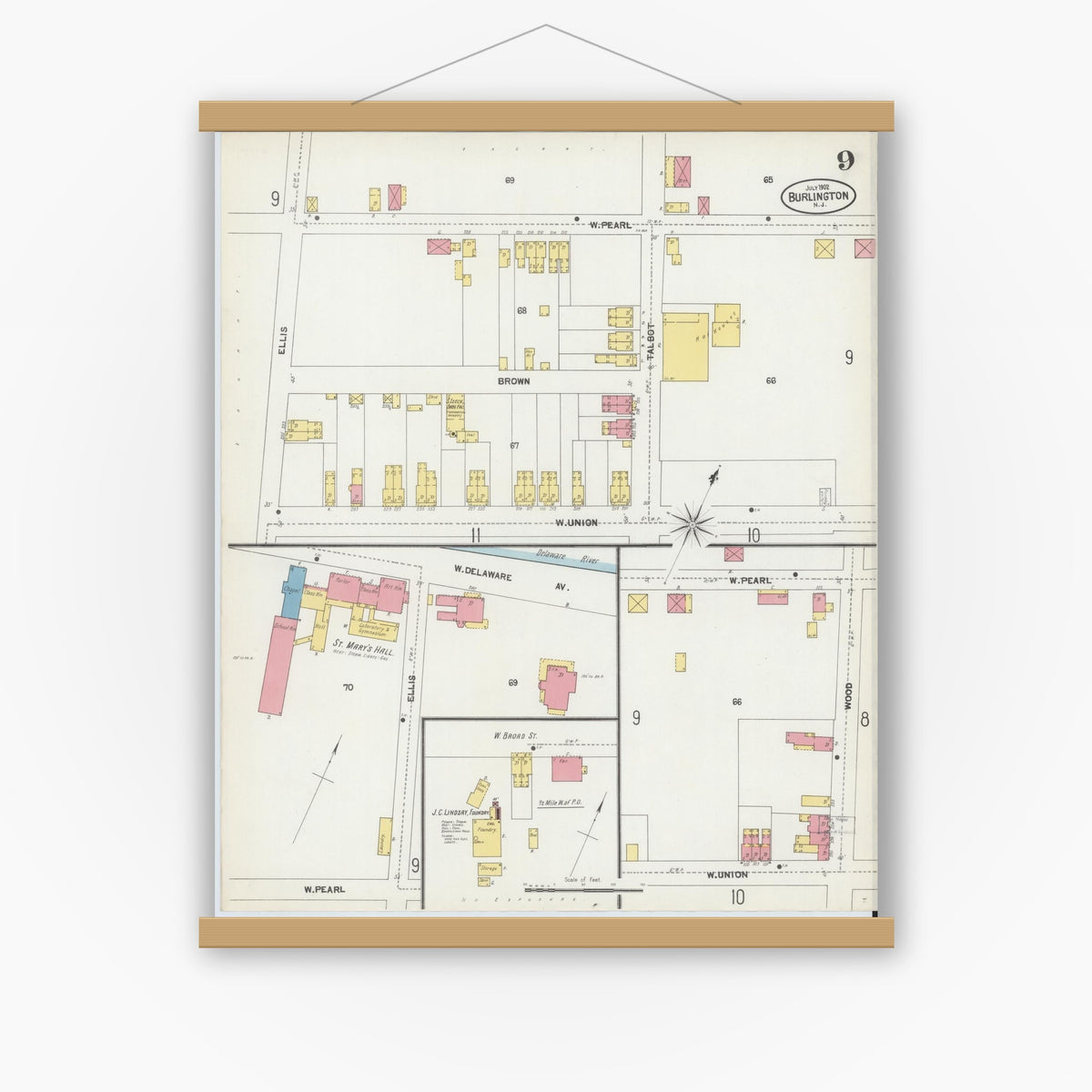 Old map wall art mockup — magnetic wood frame on white wall — Sanborn Fire Insurance Map from Burlington, Burlington County, New Jersey (1902), Sheet #0009