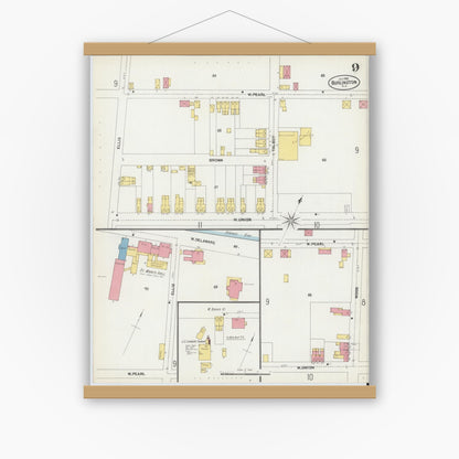 Old map wall art mockup — magnetic wood frame on white wall — Sanborn Fire Insurance Map from Burlington, Burlington County, New Jersey (1902), Sheet #0009