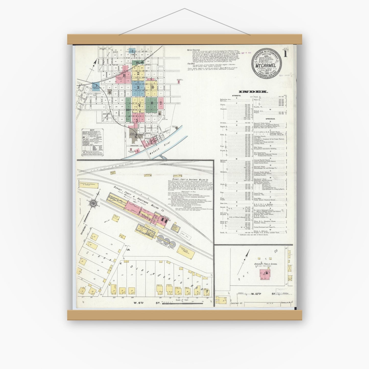 Old map wall art mockup — magnetic wood frame on white wall — Sanborn Fire Insurance Map from Mount Carmel, Wabash County, Illinois (1910) - Complete Map Set