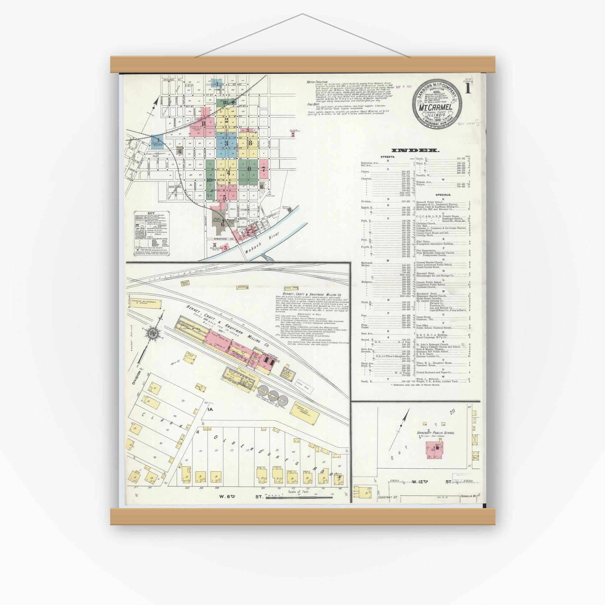 Old map wall art mockup — magnetic wood frame on white wall — Sanborn Fire Insurance Map from Mount Carmel, Wabash County, Illinois (1910) - Complete Map Set