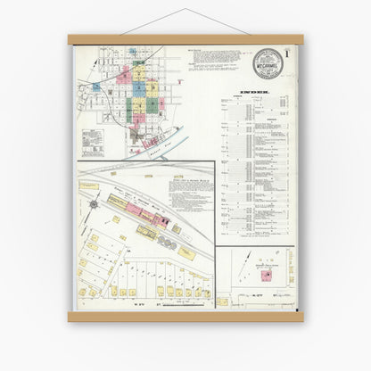 Old map wall art mockup — magnetic wood frame on white wall — Sanborn Fire Insurance Map from Mount Carmel, Wabash County, Illinois (1910) - Complete Map Set