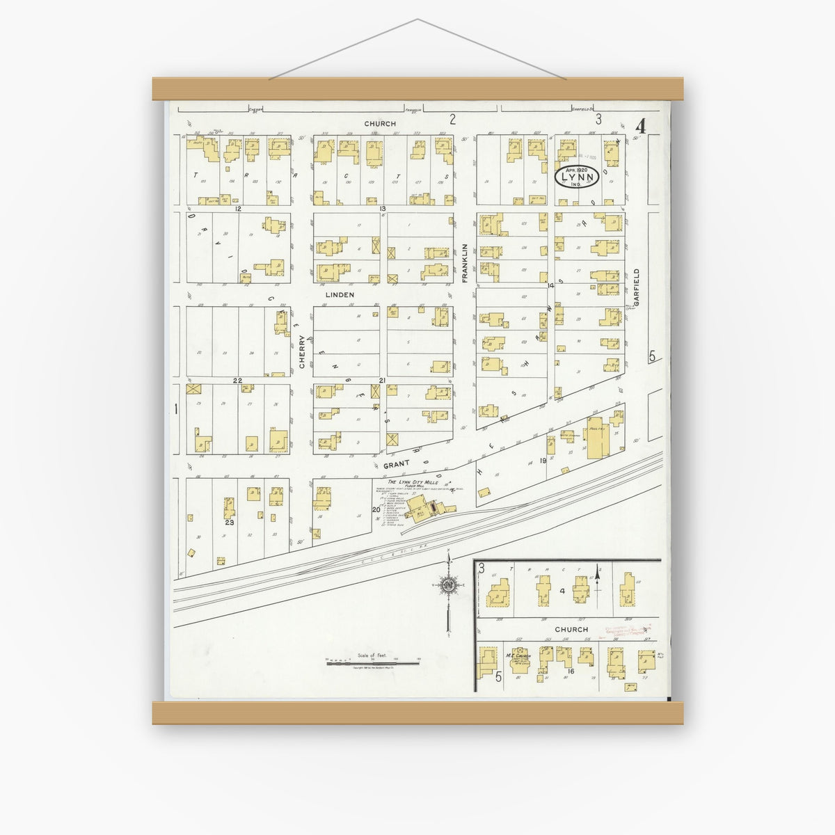Old map wall art mockup — magnetic wood frame on white wall — Sanborn Fire Insurance Map from Lynn, Randolph County, Indiana (1920), Sheet #0004