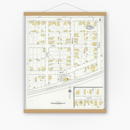 Old map wall art mockup — magnetic wood frame on white wall — Sanborn Fire Insurance Map from Lynn, Randolph County, Indiana (1920), Sheet #0004