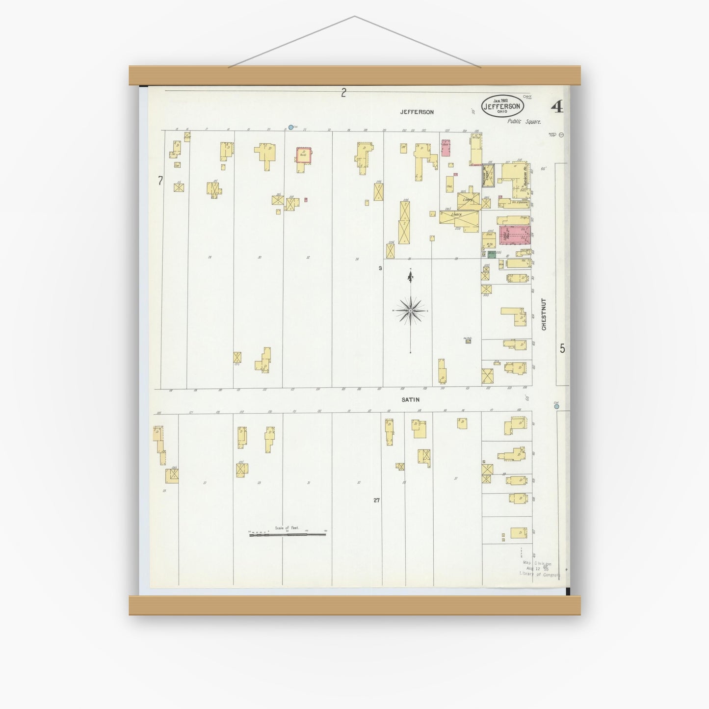 Old map wall art mockup — magnetic wood frame on white wall — Sanborn Fire Insurance Map from Jefferson, Ashtabula County, Ohio (1902), Sheet #0004