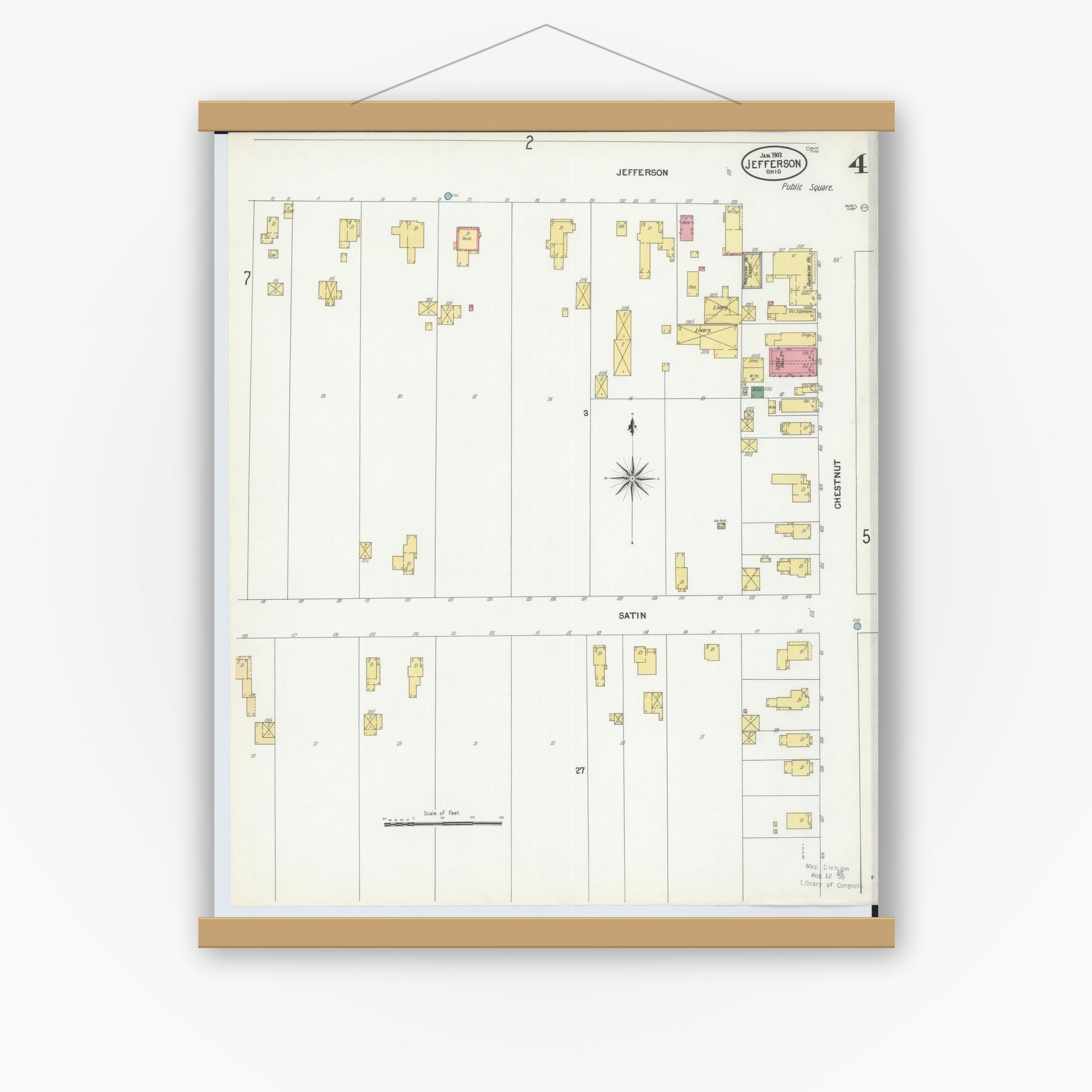 Old map wall art mockup — magnetic wood frame on white wall — Sanborn Fire Insurance Map from Jefferson, Ashtabula County, Ohio (1902), Sheet #0004