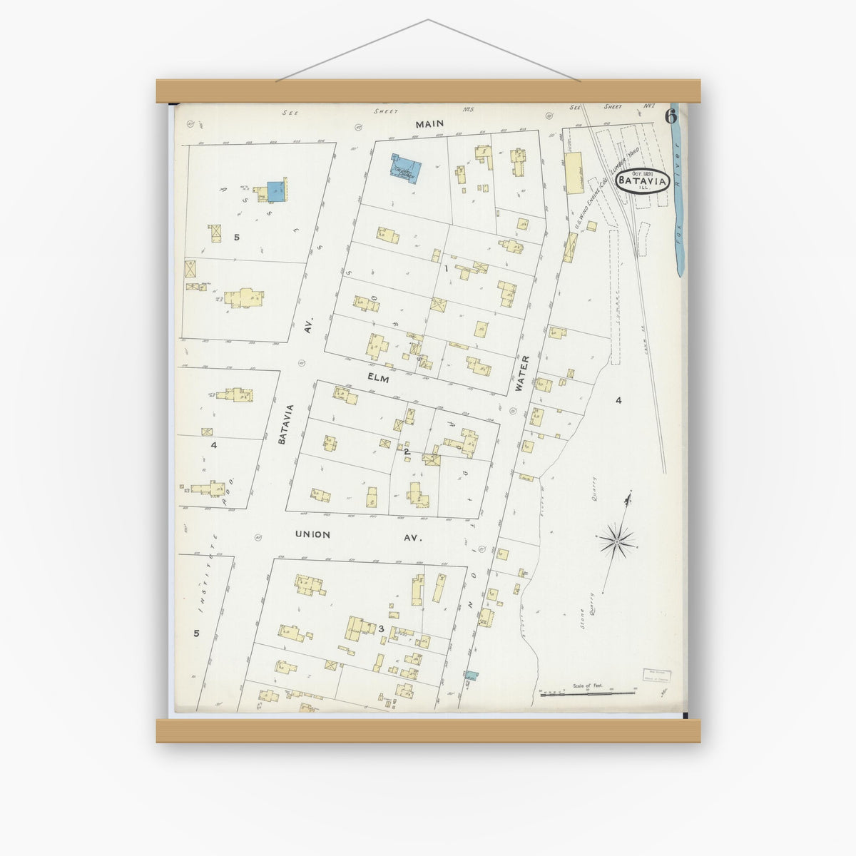 Old map wall art mockup — magnetic wood frame on white wall — Sanborn Fire Insurance Map from Batavia, Kane County, Illinois (1891), Sheet #0006