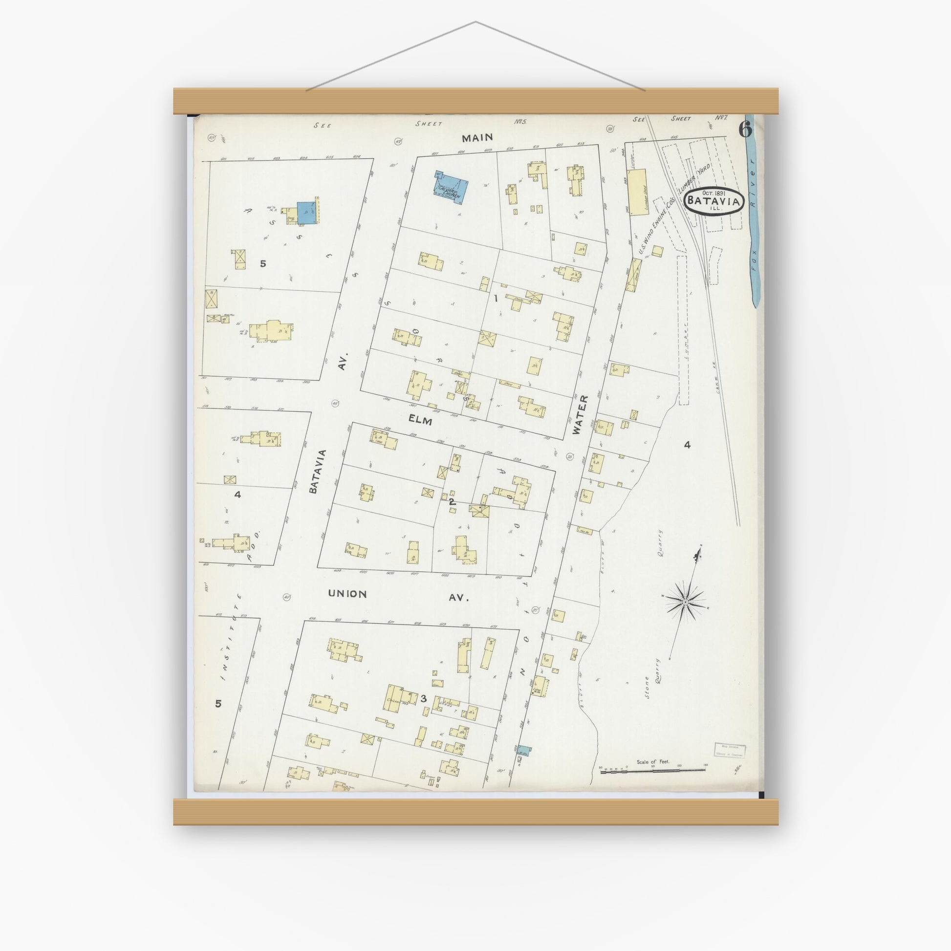 Old map wall art mockup — magnetic wood frame on white wall — Sanborn Fire Insurance Map from Batavia, Kane County, Illinois (1891), Sheet #0006