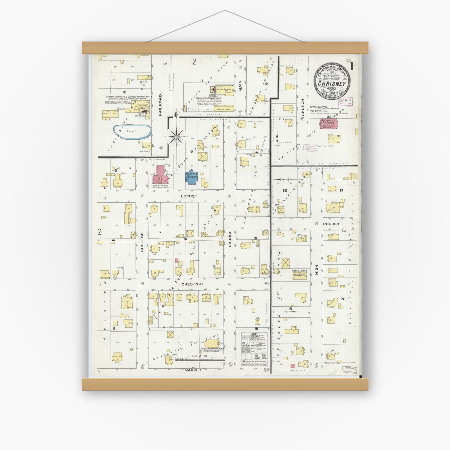 Old map wall art mockup — magnetic wood frame on white wall — Sanborn Fire Insurance Map from Chrisney, Spencer County, Indiana (1909) - Complete Map Set