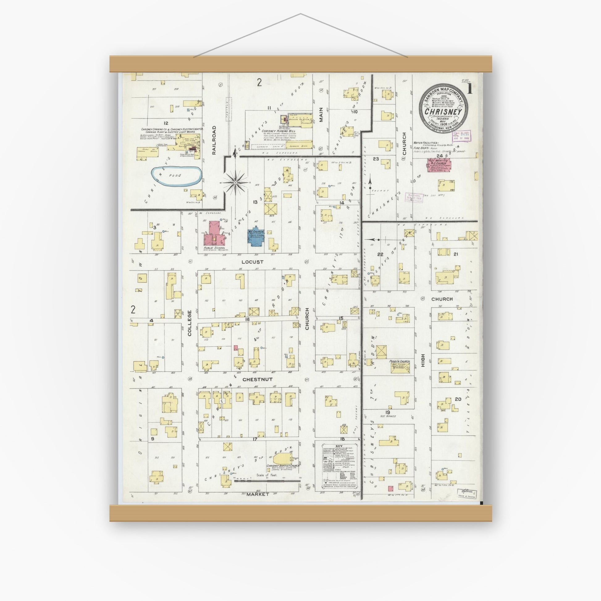 Old map wall art mockup — magnetic wood frame on white wall — Sanborn Fire Insurance Map from Chrisney, Spencer County, Indiana (1909) - Complete Map Set