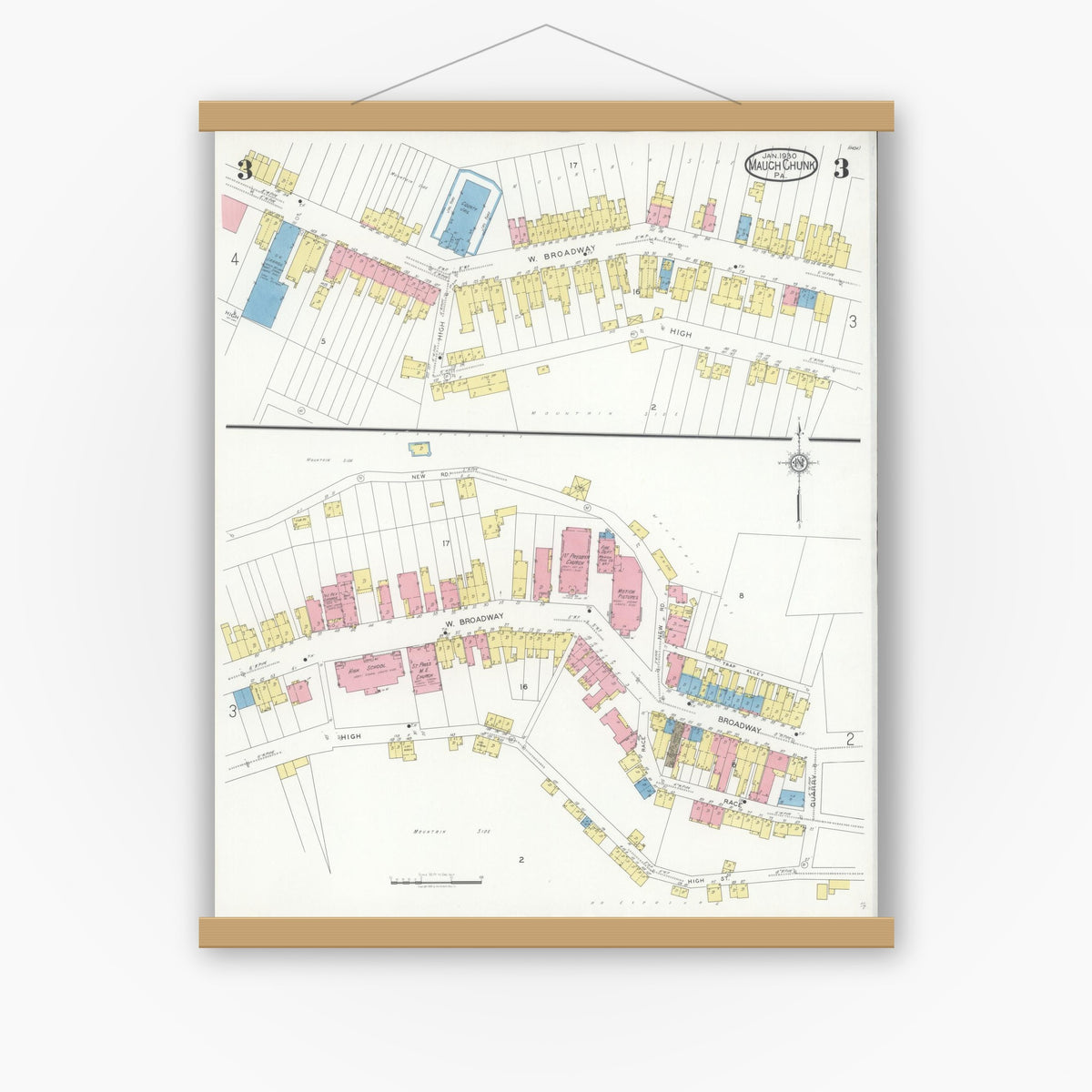 Old map wall art mockup — magnetic wood frame on white wall — Sanborn Fire Insurance Map from Mauch Chunk, Carbon County, Pennsylvania (1930), Sheet #0003