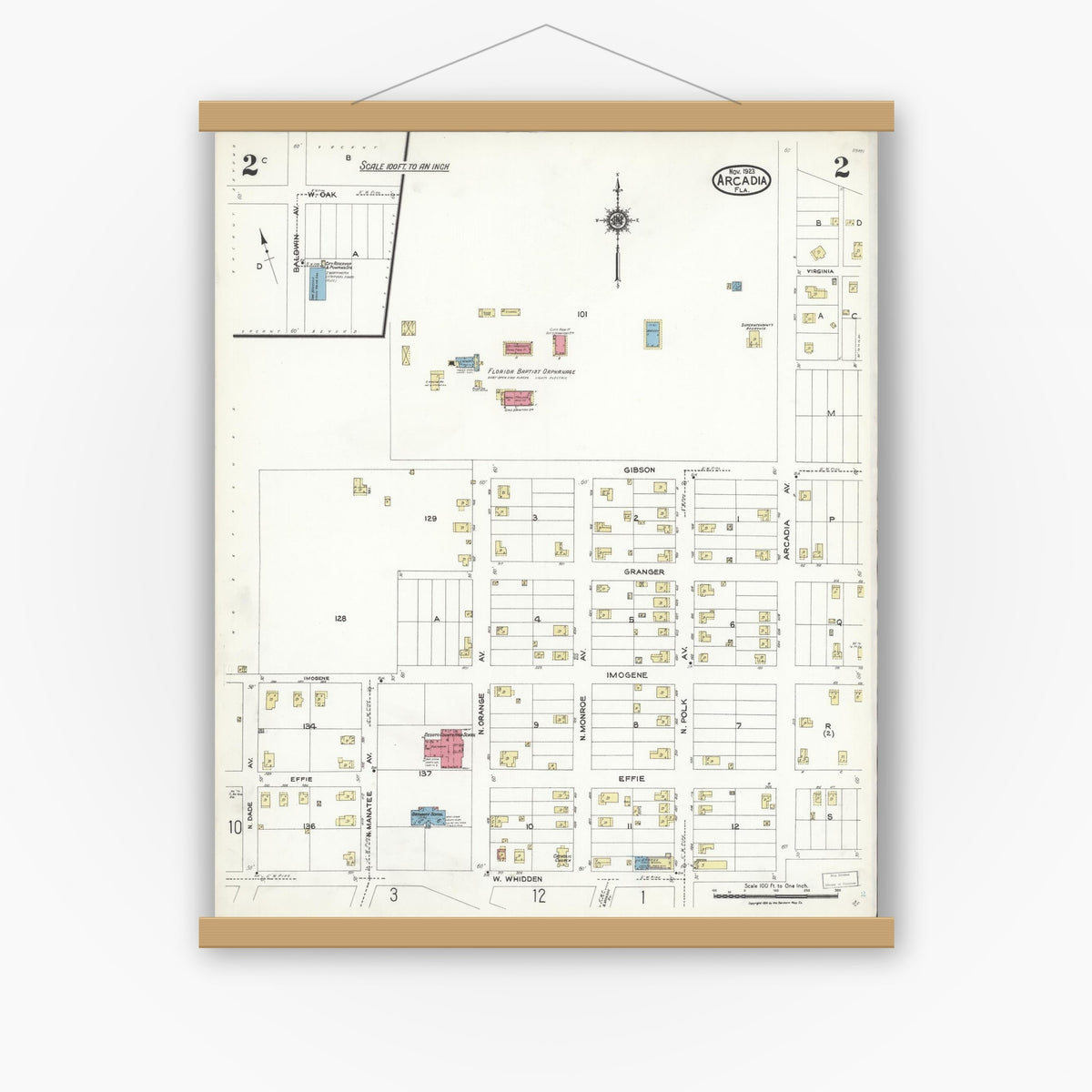 Old map wall art mockup — magnetic wood frame on white wall — Sanborn Fire Insurance Map from Arcadia, DeSoto County, Florida (1923), Sheet #0002