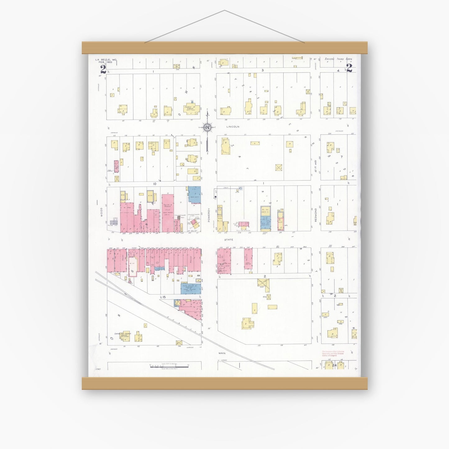 Old map wall art mockup — magnetic wood frame on white wall — Sanborn Fire Insurance Map from La Belle, Lewis County, Missouri (1933), Sheet #0002