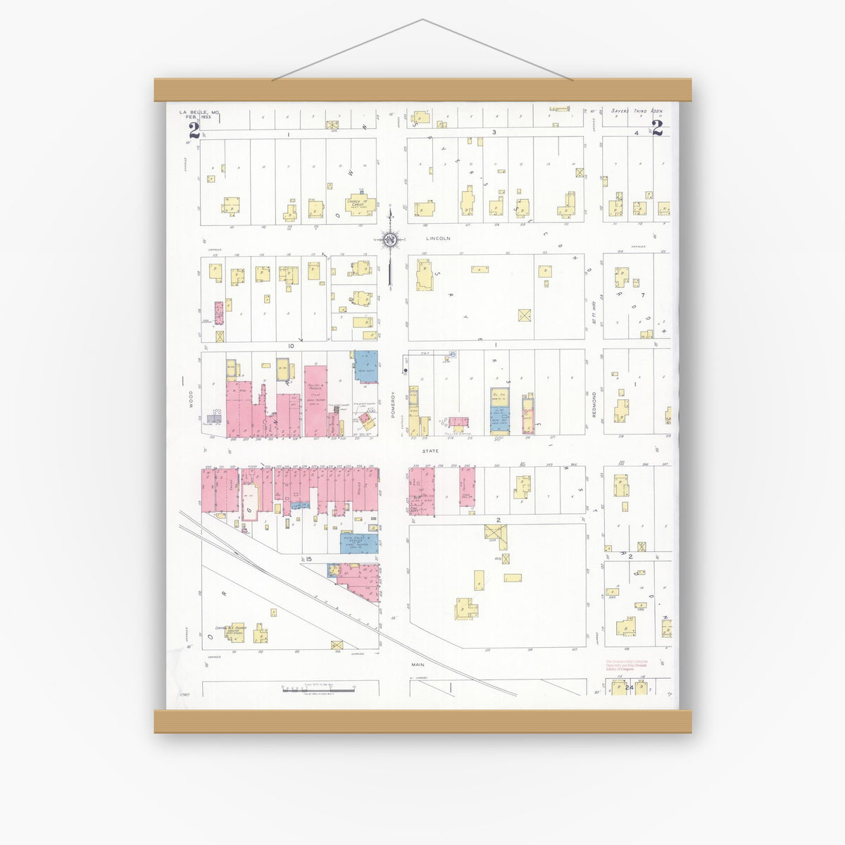 Old map wall art mockup — magnetic wood frame on white wall — Sanborn Fire Insurance Map from La Belle, Lewis County, Missouri (1933), Sheet #0002