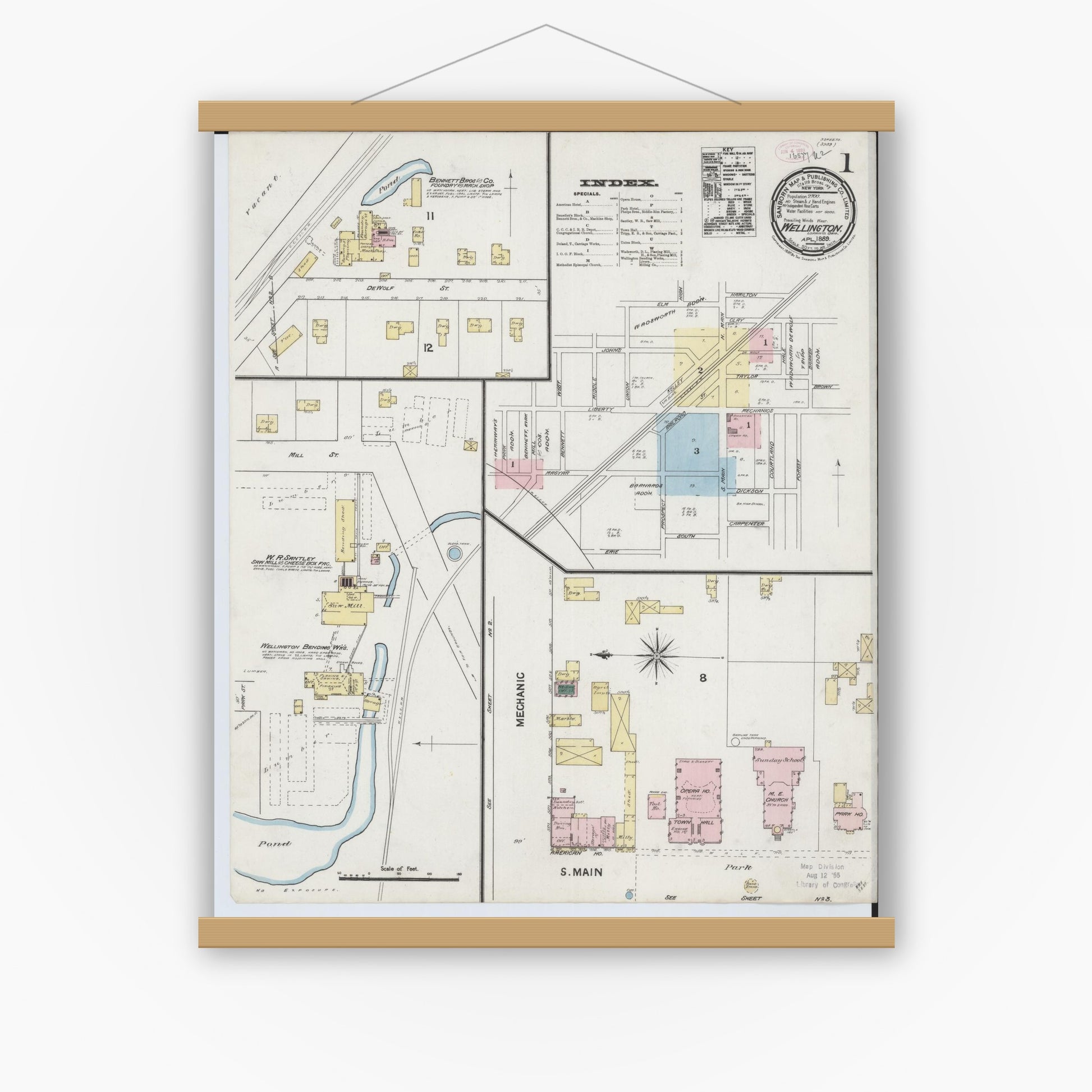 Old map wall art mockup — magnetic wood frame on white wall — Sanborn Fire Insurance Map from Wellington, Lorain County, Ohio (1889) - Complete Map Set
