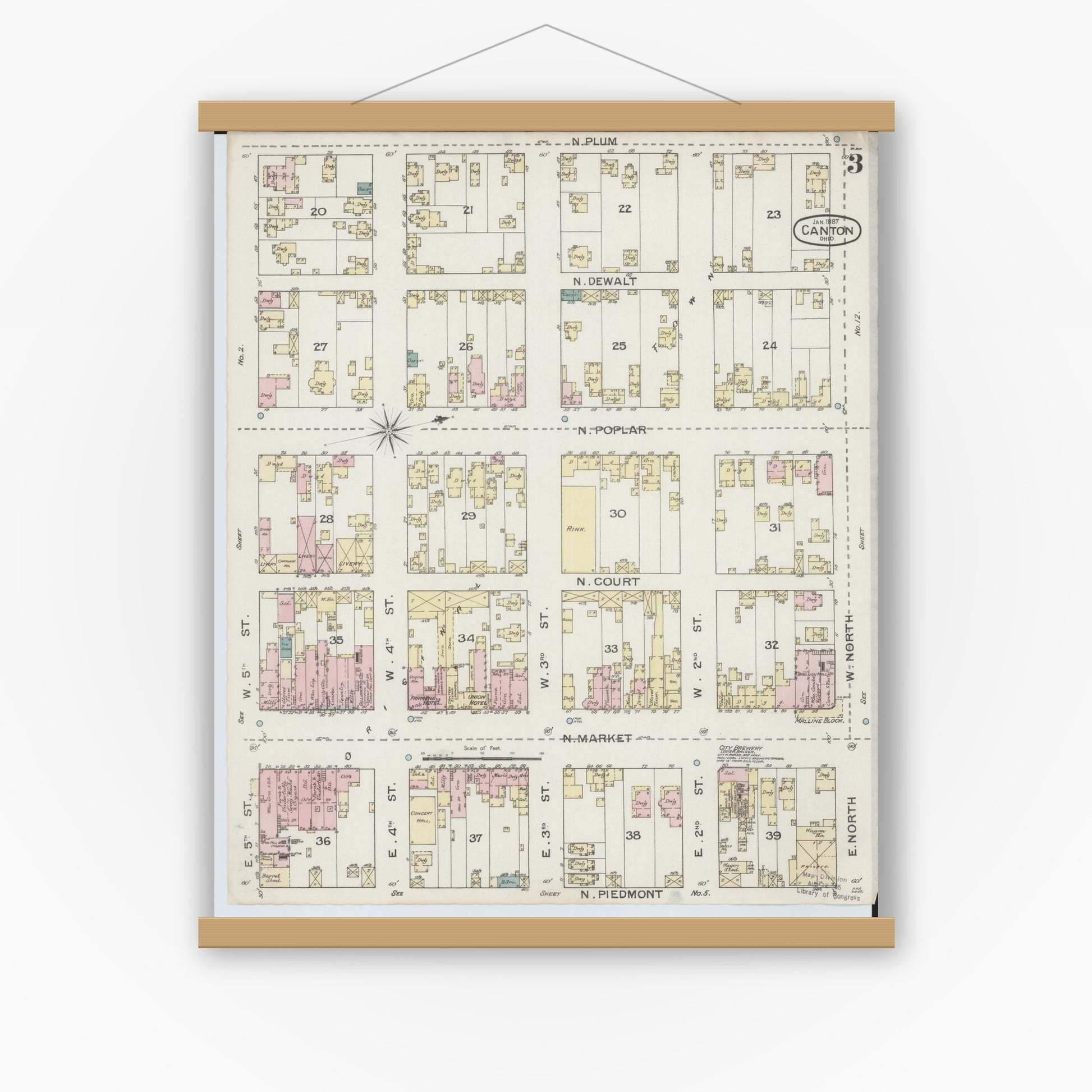 Old map wall art mockup — magnetic wood frame on white wall — Sanborn Fire Insurance Map from Canton, Stark County, Ohio (1887), Sheet #0003