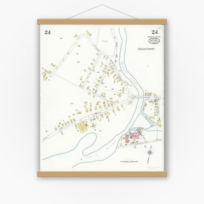 Old map wall art mockup — magnetic wood frame on white wall — Sanborn Fire Insurance Map from Athol, Worcester County, Massachusetts (1936), Sheet #0024